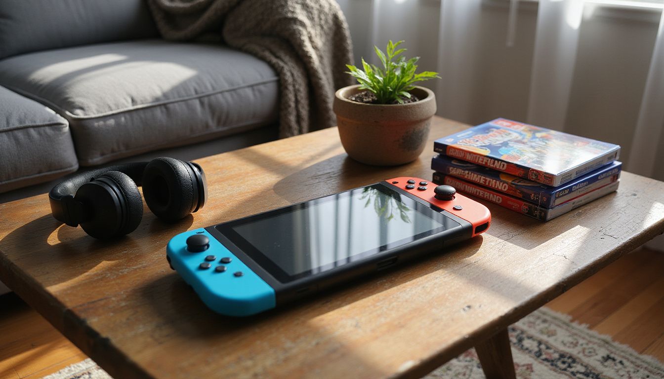 A Nintendo Switch console and gaming accessories in a cozy living room.