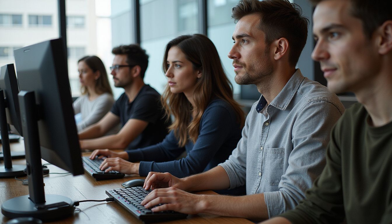 A diverse group of individuals engaging with NVIDIA products in a modern tech workspace. A diverse group of individuals engaging with NVIDIA products in a modern tech workspace.