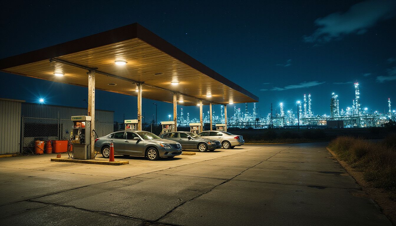 A gas station at night with vehicles, pumps, and an oil refinery in the background. A gas station at night with vehicles, pumps, and an oil refinery in the background.