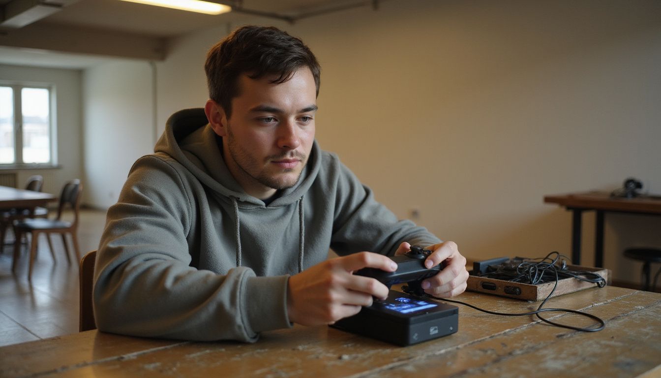 A focused gamer competes in a PlayStation tournament in a plain room. A focused gamer competes in a PlayStation tournament in a plain room.
