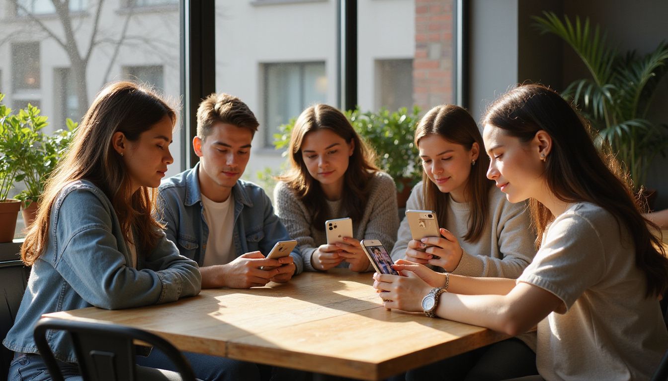 Six young adults at a modern café engaging with Rare Beauty's Instagram. Six young adults at a modern café engaging with Rare Beauty's Instagram.
