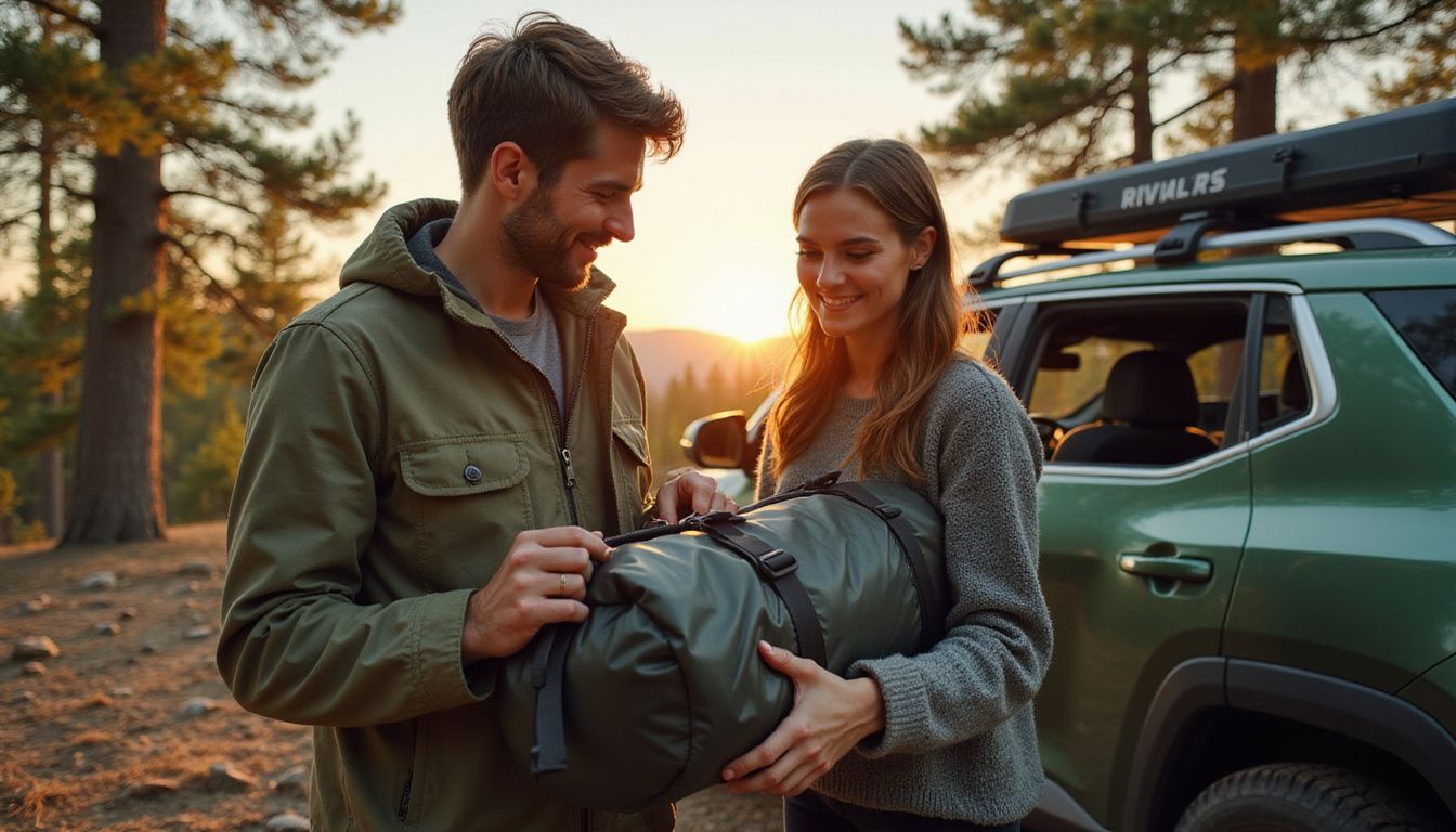 A couple prepares camping gear on a rugged SUV in a wilderness clearing. A couple prepares camping gear on a rugged SUV in a wilderness clearing.