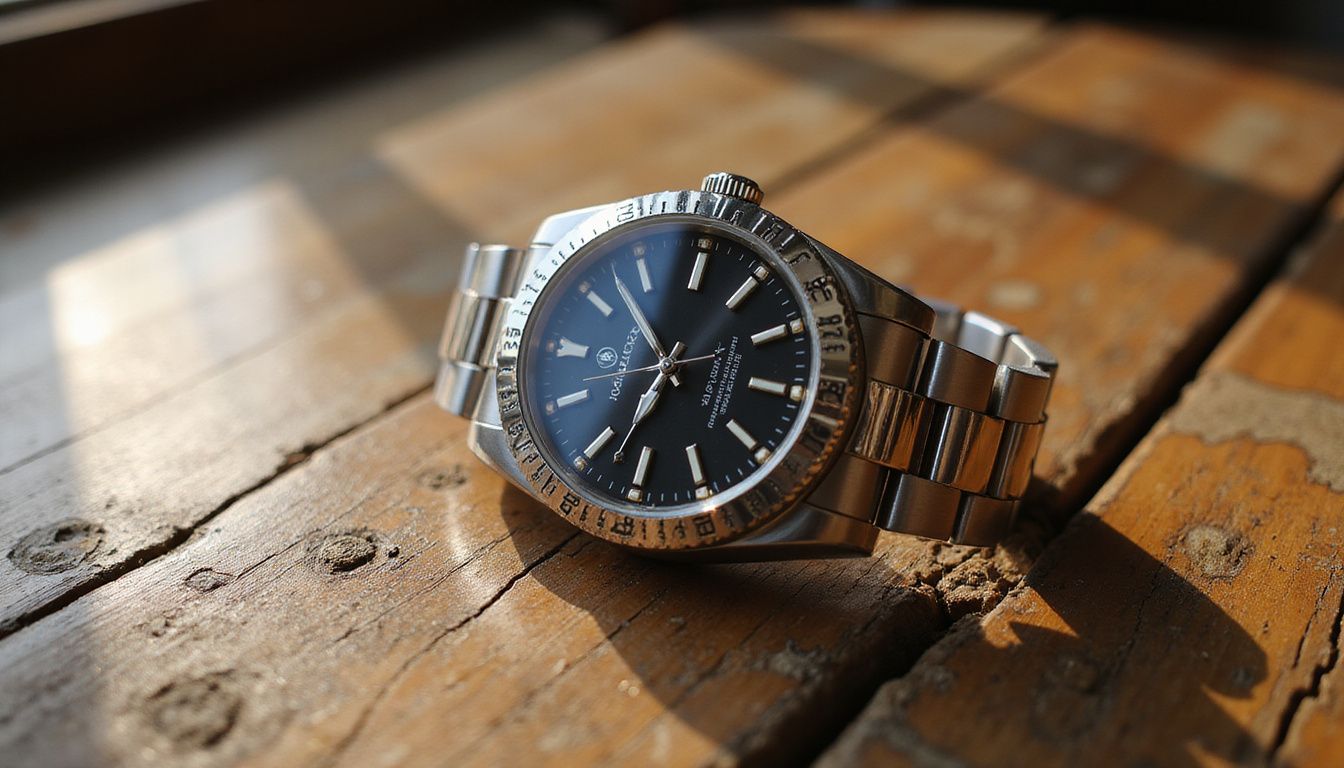 A luxury Rolex watch resting on a weathered wooden table. A luxury Rolex watch resting on a weathered wooden table.