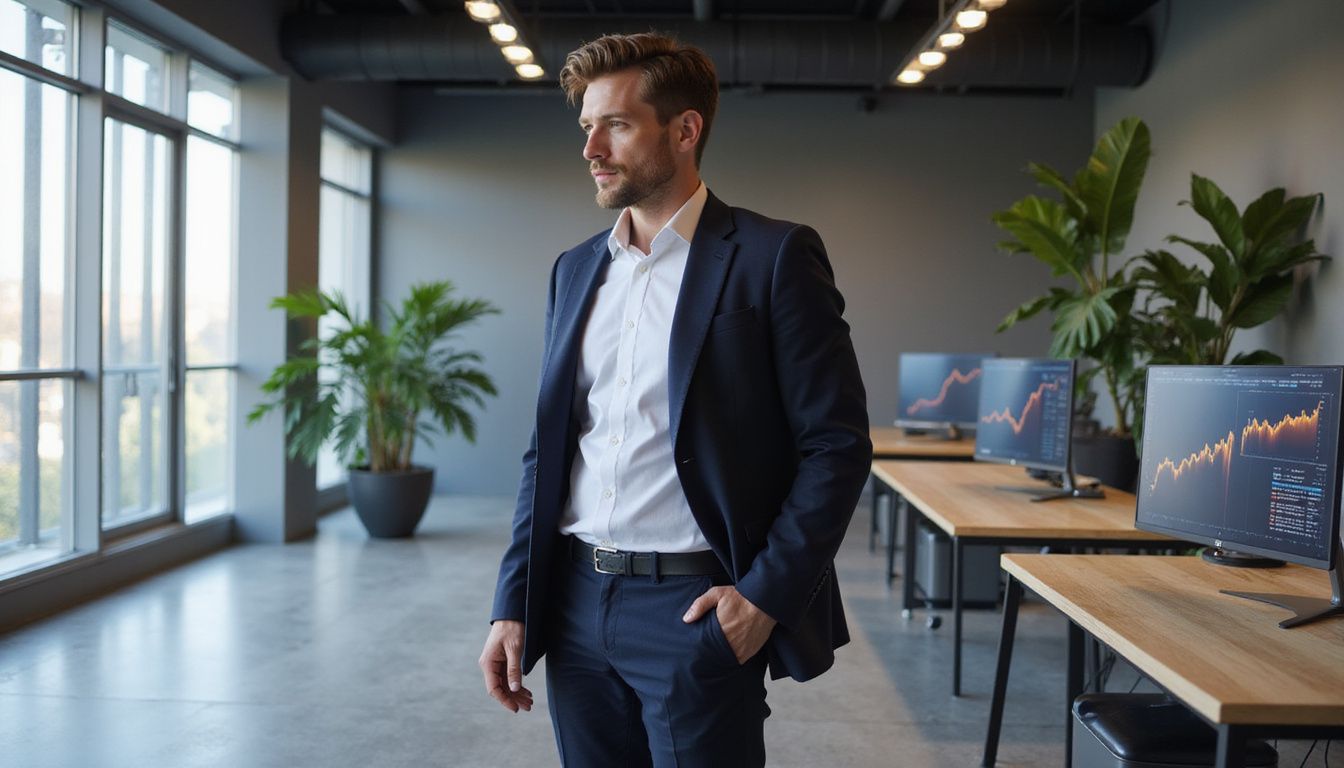 A mid-30s man in a tailored navy blazer interacts with technology in a modern office space. A mid-30s man in a tailored navy blazer interacts with technology in a modern office space.