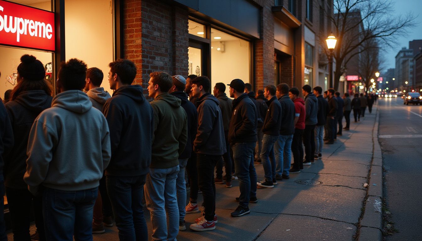A diverse group of people patiently waiting outside the Supreme store. A diverse group of people patiently waiting outside the Supreme store.