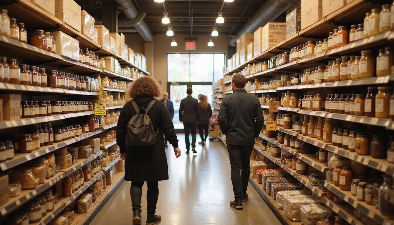 A busy aisle in a Trader Joe's store with shoppers browsing products.