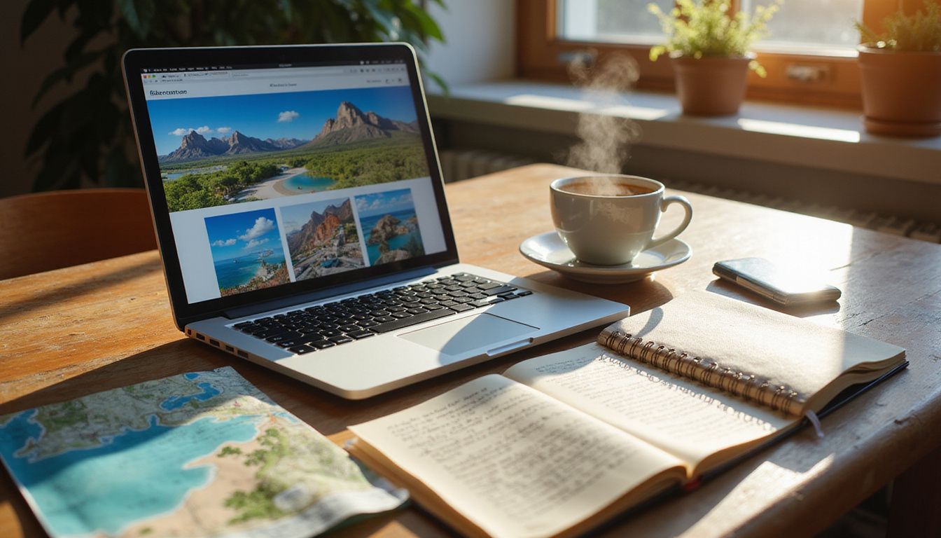 An organized home office desk with travel materials, laptop, and coffee.