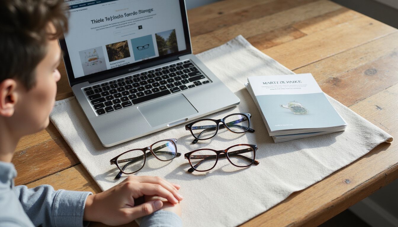Sleek modern workspace featuring Warby Parker eyewear and promotional materials. Sleek modern workspace featuring Warby Parker eyewear and promotional materials.