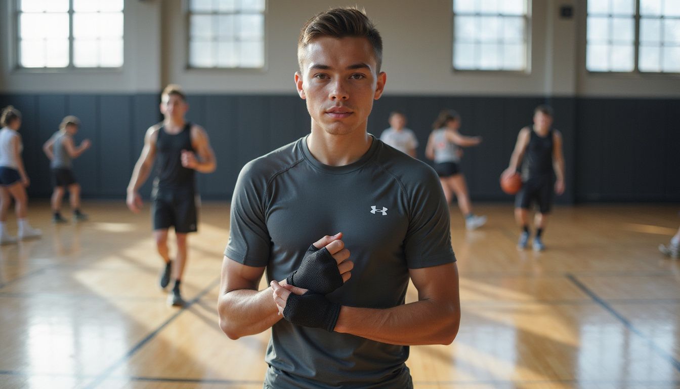 A focused athlete in Under Armour gear prepares for training in a busy sports facility. A focused athlete in Under Armour gear prepares for training in a busy sports facility.